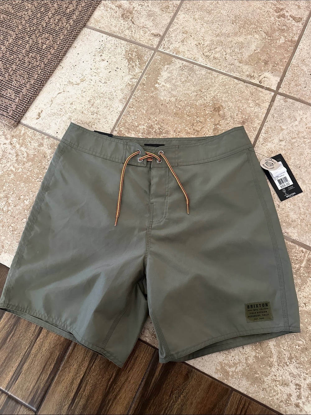 Brixton Vintage Nylon Trunk Olive Green Boardshorts with Contrast Drawcord 30